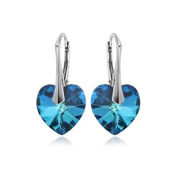 Cercei Argint 925 placat cu rodiu cu cristale Swarovski® Heart Bermuda Blue 14 mm Leverback