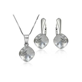 Set Argint 925 placat cu rodiu cu cristale Swarovski® Princess Square 10mm Crystal Clear Leverback + Lant