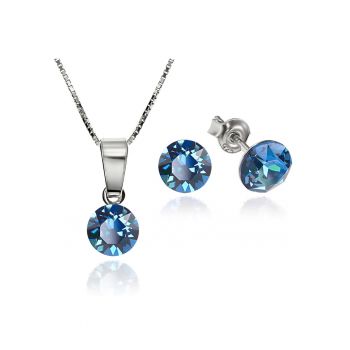 Set Argint 925 placat cu rodiu cu cristale Swarovski® Xirius Bermuda Blue 6mm Surub + Lant