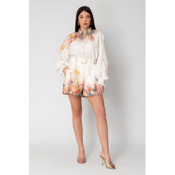 Set Camasa maneca lunga si pantalon scurt Flower Beige 15540
