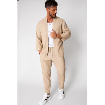 Set Tulum Jacheta tip kimono si pantalon lung Beige 15654