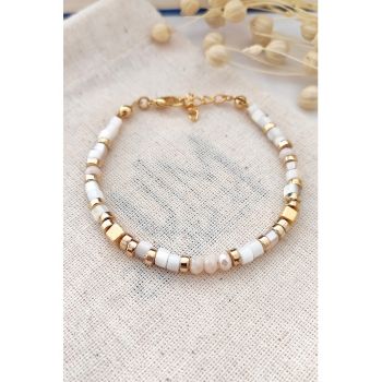 Bratara cu margele Mother of Pearl - Auriu - Alb