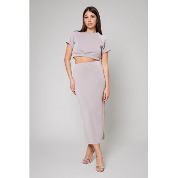 Set de tricou crop din amestec de modal si fusta midi - 2 piese