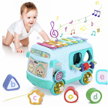 Autobuz interactiv cu xilofon, sortator si jucarii detasabile, bleu