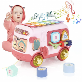 Autobuz interactiv cu xilofon, sortator si jucarii detasabile, roz