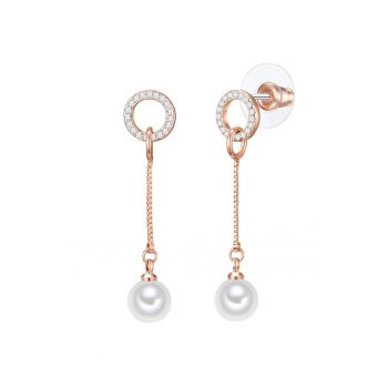 Cercei drop din aur rose de 14K decorati cu perle sintetice