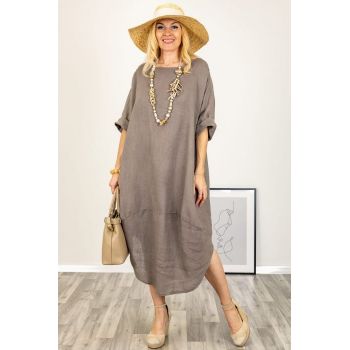 Rochie oversize lalea, din in bej inchis