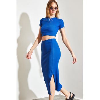 Set de fusta midi si tricou crop - 2 piese