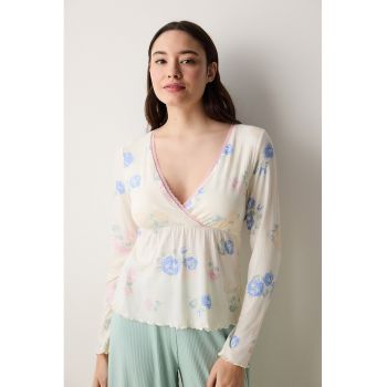 Bluza de pijama cu model floral si cupe cu burete detasabil