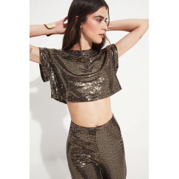 Set de pantaloni si tricou crop cu aspect stralucitor - 2 piese
