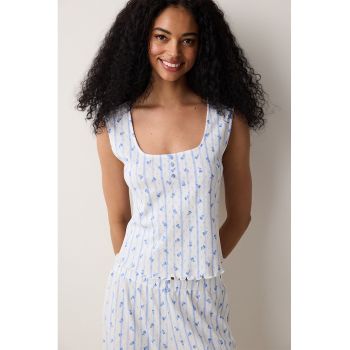 Top de pijama din bumbac cu model floral si aplicatii cu trandafiri
