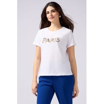 Tricou de bumbac cu text cu margele