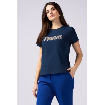 Tricou de bumbac cu text cu margele
