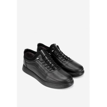Pantofi barbati din piele neagra cu material textil