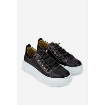 Pantofi dama negri din piele naturala cu siret elastic