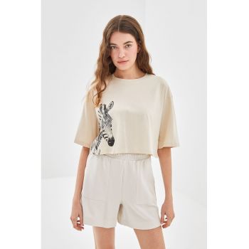 Tricou crop cu imprimeu