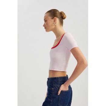 Tricou crop din amestec de bumbac cu decolteu rotund