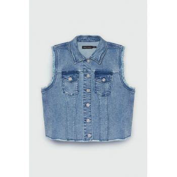 Vesta din denim cu buzunare cu clapa