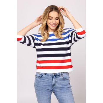 Bluza cu model in dungi si maneci medii - Albastru pastel - Corai - Alb optic -