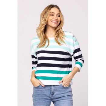 Bluza cu model in dungi si maneci medii - Negru - Alb optic - Verde menta -