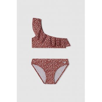 Costum de baie cu model floral si volane