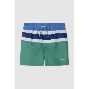 Pantaloni scurti de baie cu model colorblock si snur