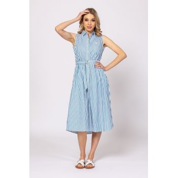 Rochie cu imprimeu - croiala in A si buzunare - Alb optic - Albastru petrol -
