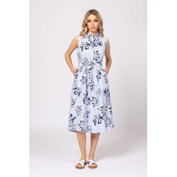 Rochie cu imprimeu - croiala in A si buzunare - Albastru lavanda - Alb optic - Bleumarin -