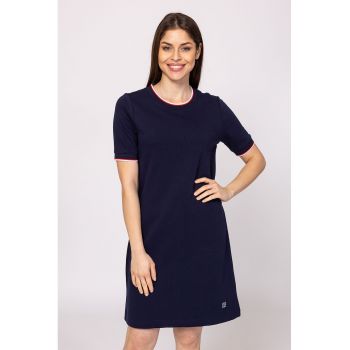 Rochie din amestec de bumbac cu model uni si decolteu rotund - Bleumarin -