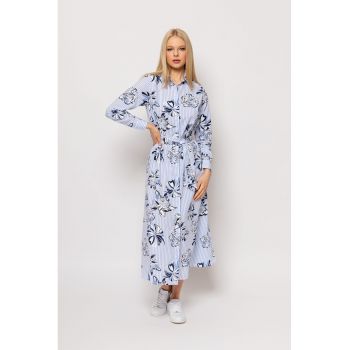 Rochie lunga cu imprimeu floral - Albastru pastel - Negru - Alb optic -