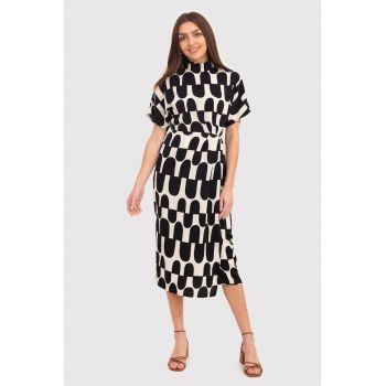 Rochie midi cu imprimeu abstract - Negru/Crem - DA1728 BLACK/CREAM
