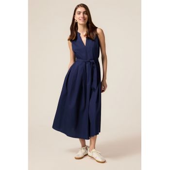 Rochie midi din bumbac fara maneci cu cordon in talie