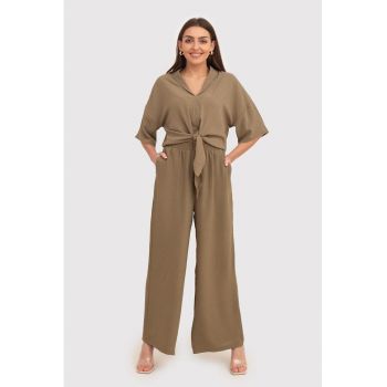 Pantaloni bej cu croiala larga si talie elastica TRA038 KHAKI