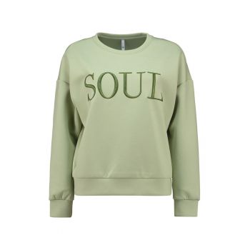 Pulover cu text frontal brodat - Verde pal -