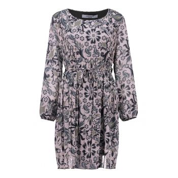 Rochie evazata cu model floral - Negru stins - verde militar prafuit - Roz prafuit -