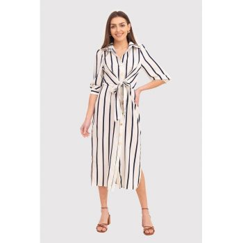 Rochie midi in dungi crem cu nasturi si maneci 3/4 DA1794 CREAM/NAVY
