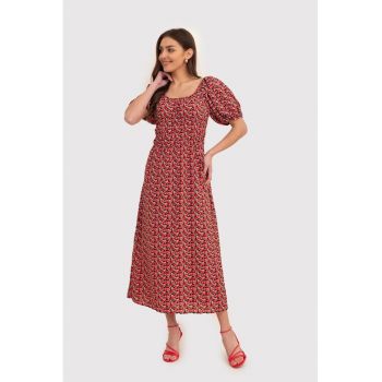Rochie midi rosie cu maneci bufate si imprimeu floral DA1796 MULT