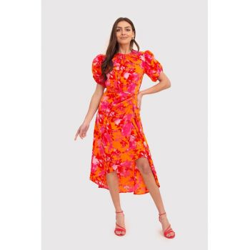 Rochie midi roz/portocaliu cu maneci bufante si imprimeu floral DA1718
