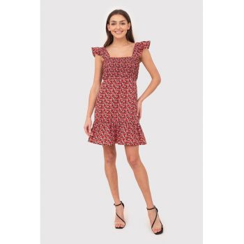 Rochie mini rosie cu volane si imprimeu floral DA1795 MULTI