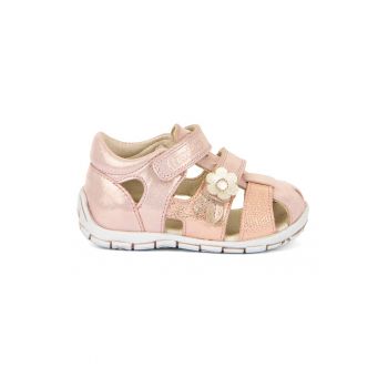 Sandale din piele cu inchidere velcro si aplicatie cu model florala