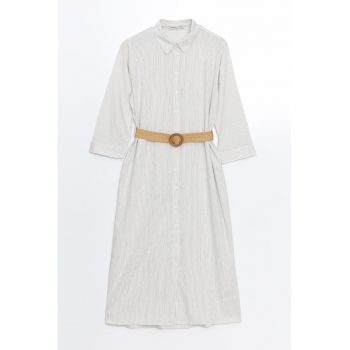 Rochie-camasa din amestec de in cu model in dungi si cordon in talie