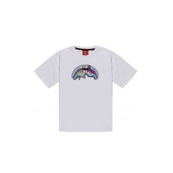 Tricou cu imprimeu grafic si decolteu la baza gatului