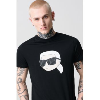Tricou de bumbac cu decolteu la baza gatului si imprimeu logo