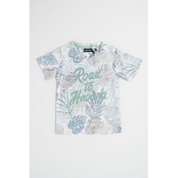 Tricou din bumbac cu model tropical si text
