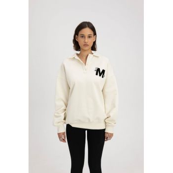 Bluza polo cu maneci lungi si monograma - Alb unt -