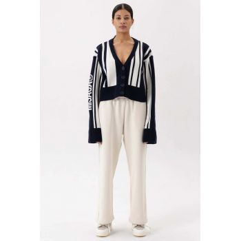 Cardigan cu nasturi din lana merinos - Bleumarin inchis - Alb -
