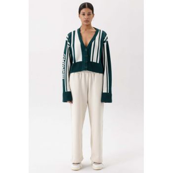 Cardigan in dungi din lana merinos - cu nasturi - Verde padure - Alb