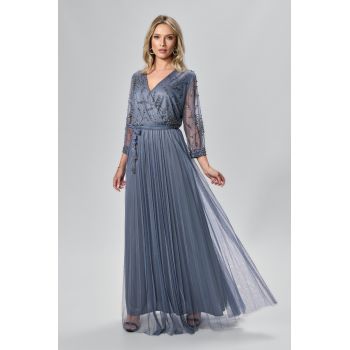 Rochie de ocazie din tull cu strass-uri si perlute Lucina Gri