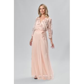 Rochie de ocazie din tull cu strass-uri si perlute Lucina Peach
