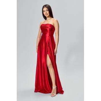 Rochie de ocazie premium din licra satinat cu umerii goi Bellarosa Rosie
